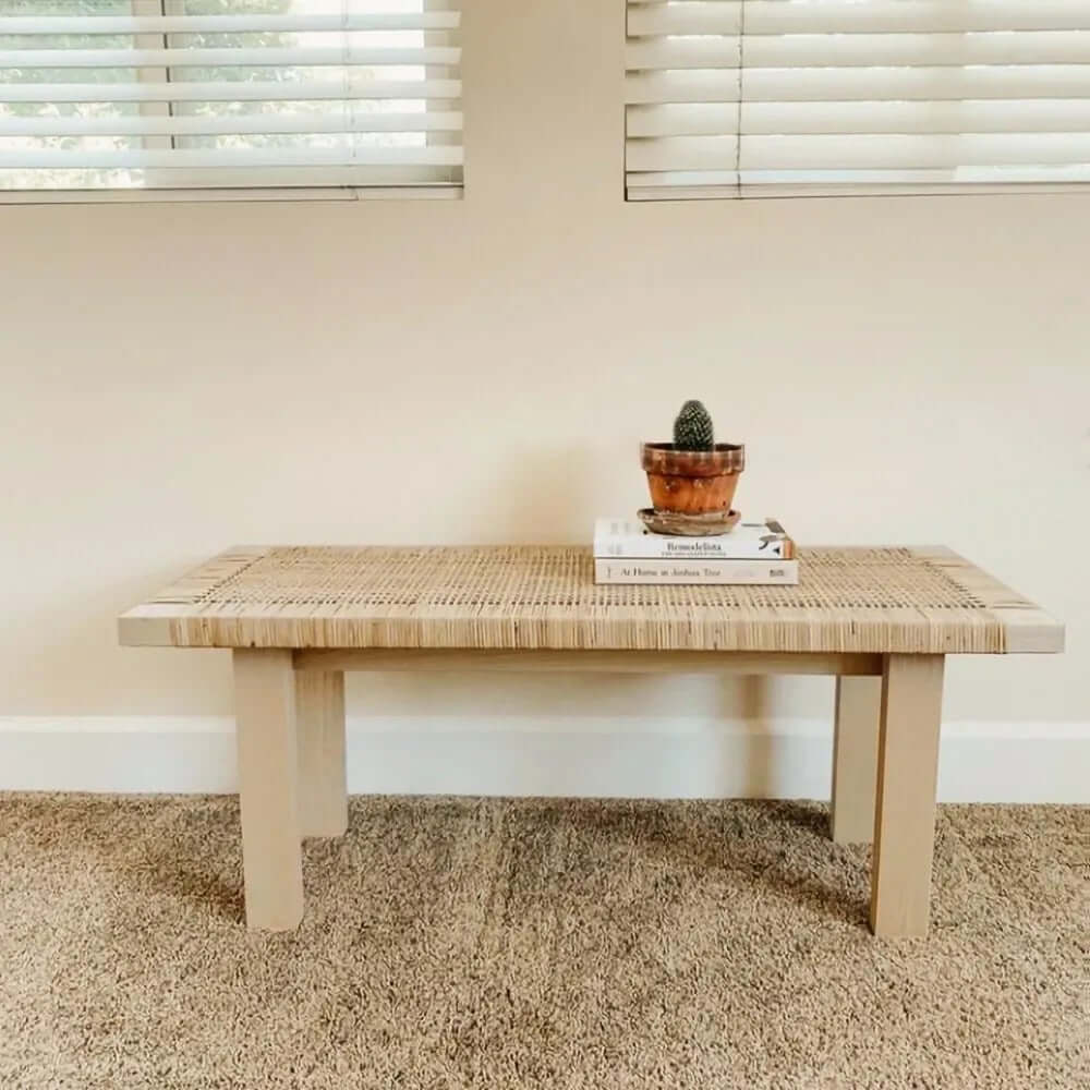 Natural Rattan and Ash Wood Backless Bench in Japandi Style