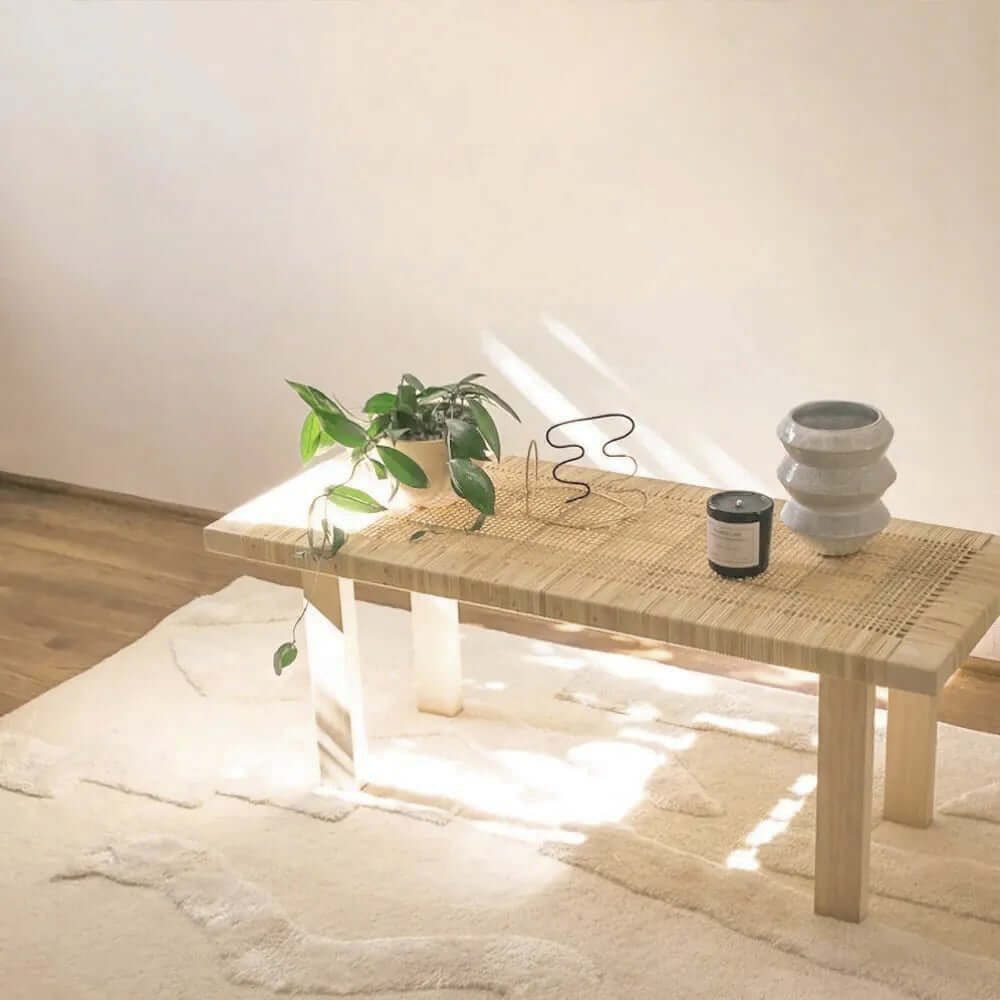 Natural Rattan and Ash Wood Backless Bench in Japandi Style