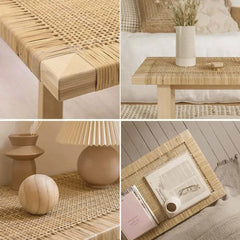 Natural Rattan and Ash Wood Backless Bench in Japandi Style
