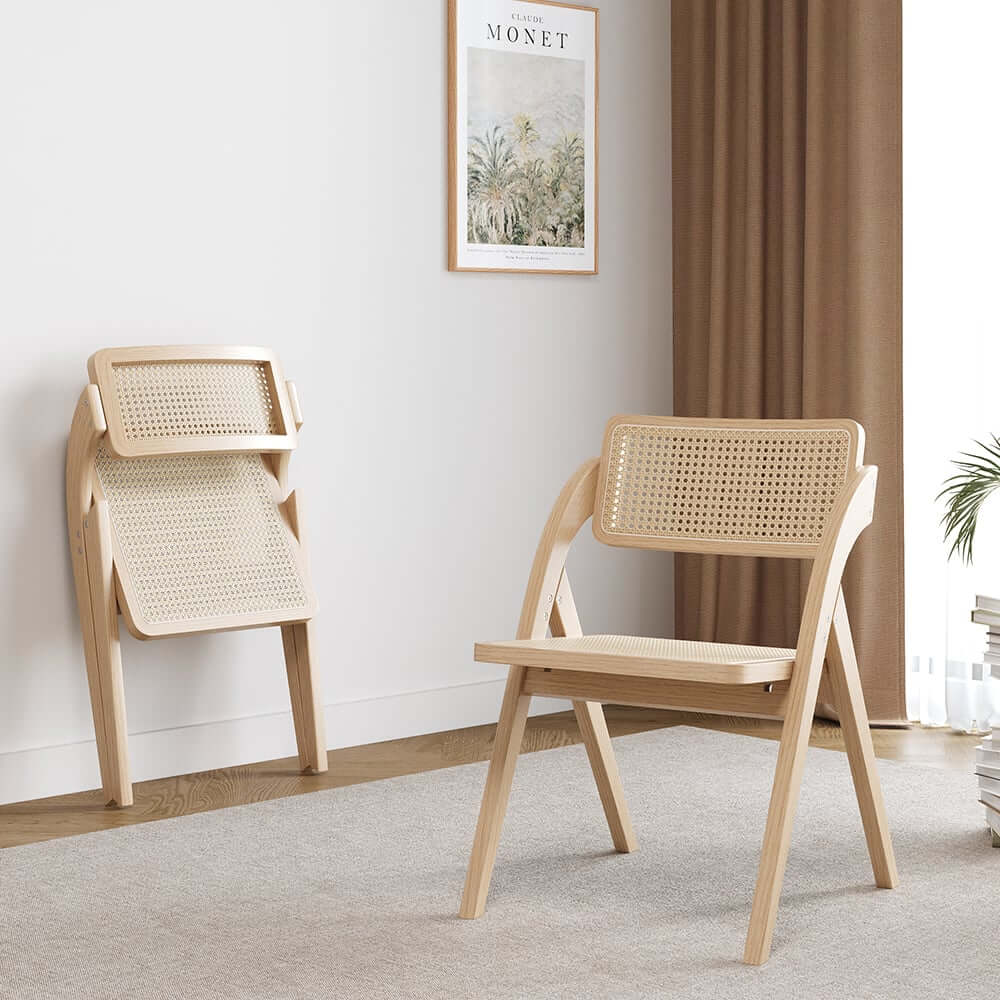 Natural Rubberwood Folding Side Chairs Set - Japandi Style
