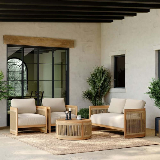 Natural Teak Outdoor Sofa Set with Cushions - Modern Comfort for 4