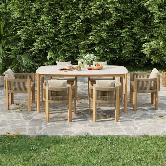 Natural Teak Wood and Concrete Outdoor Dining Set - Boho Style for 6