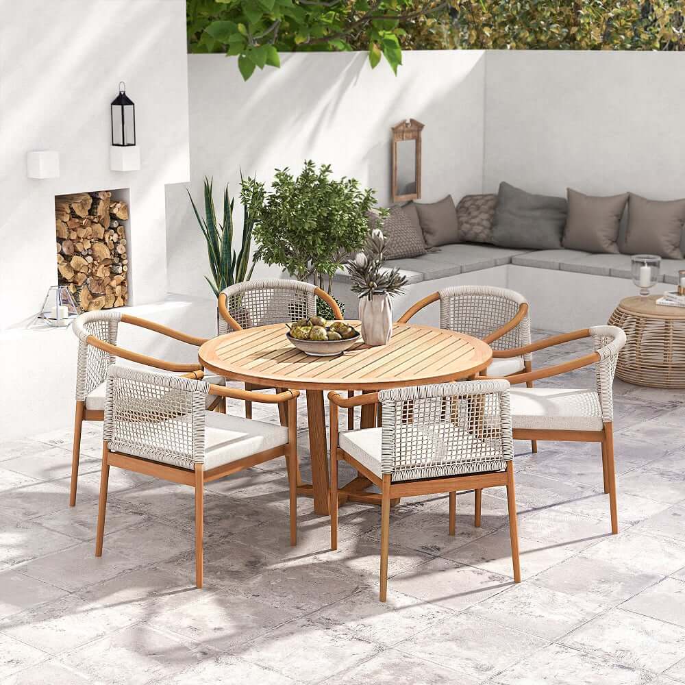 Natural Teak Wood Round Outdoor Dining Table for 6 - Modern Style