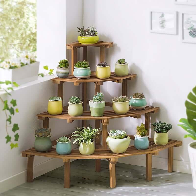 Natural Wood Abstract Plant Stand - Farmhouse Style with 4 Tiers Main Product Image
