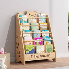 Natural Wood Children's Bookcase with Bear Head Cutout Design