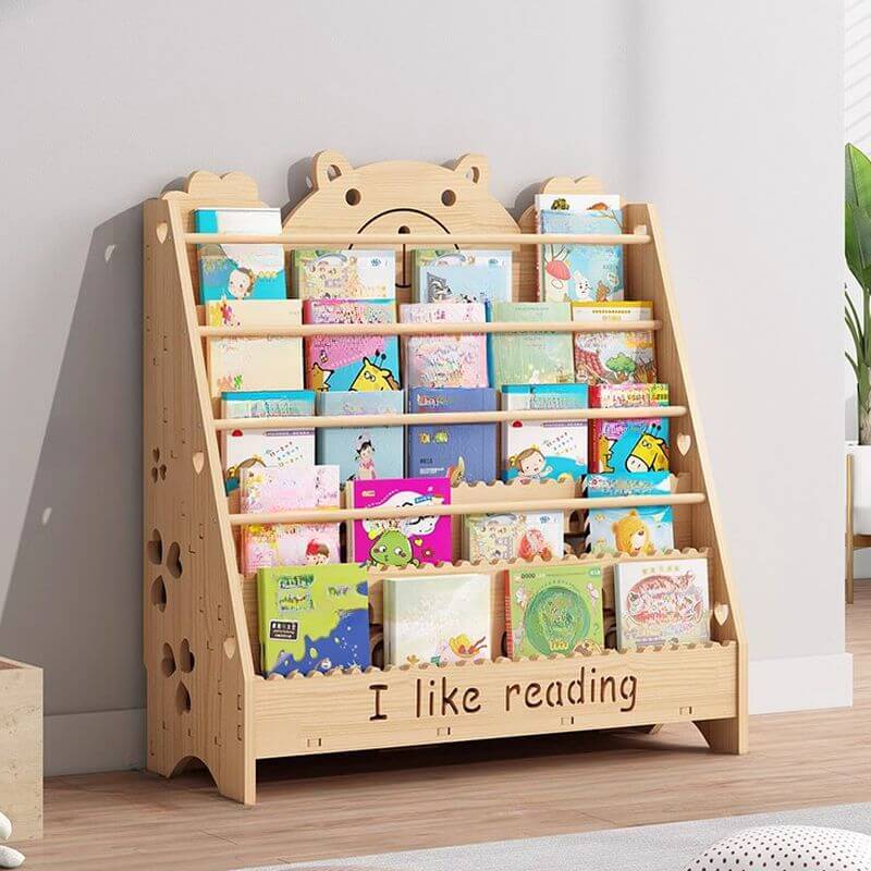 Natural wood children's bookcase with bear head cutout design
