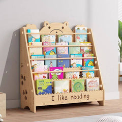 Natural Wood Children's Bookcase with Bear Head Cutout Design
