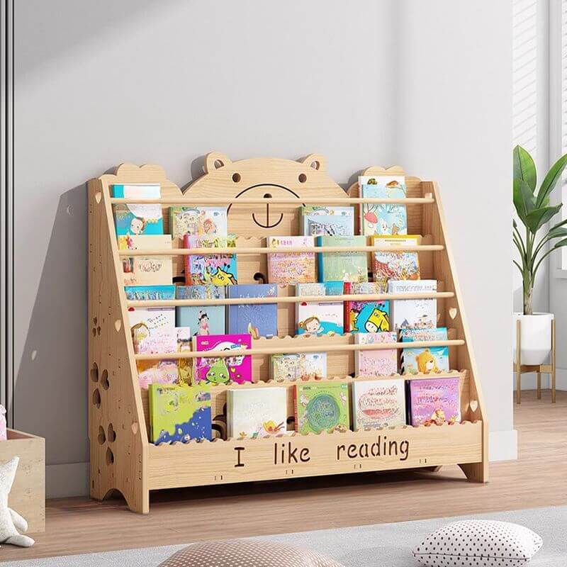 Natural Wood Children's Bookcase with Bear Head Cutout Design