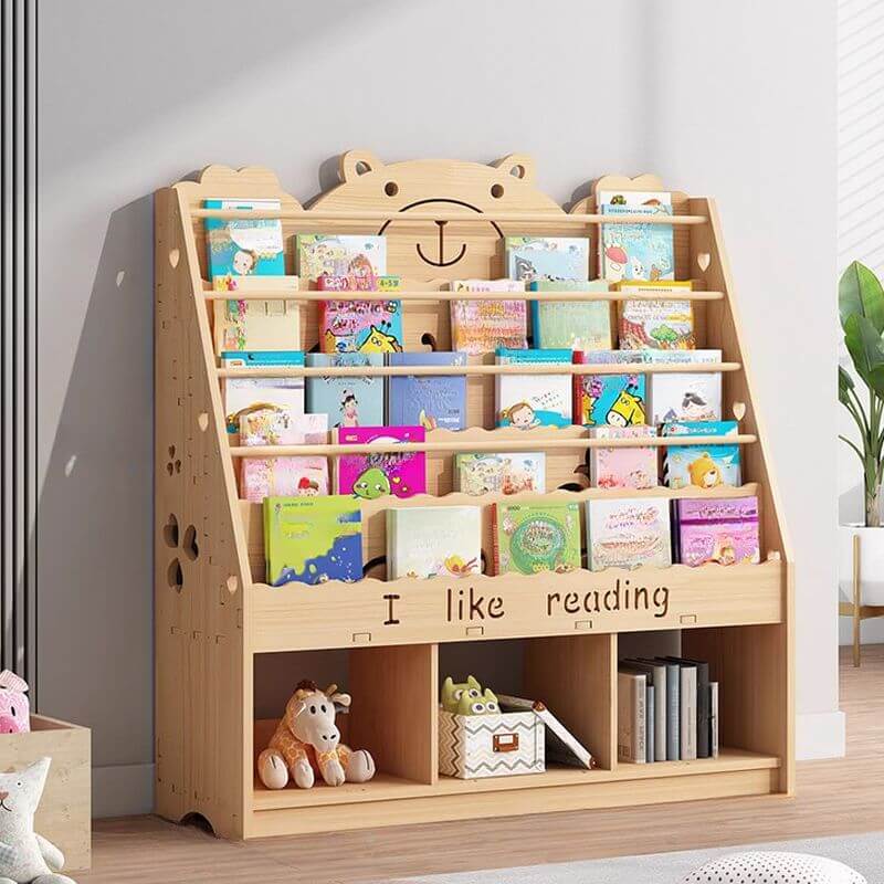 Natural Wood Children's Bookcase with Bear Head Cutout Design