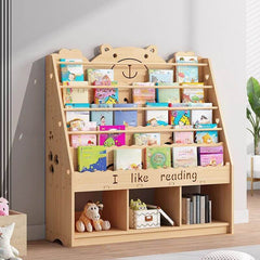 Natural Wood Children's Bookcase with Bear Head Cutout Design