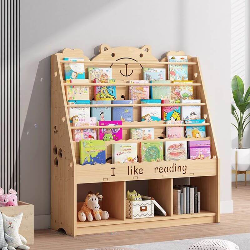 Natural Wood Children's Bookcase with Bear Head Cutout Design