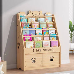 Natural Wood Children's Bookcase with Bear Head Cutout Design