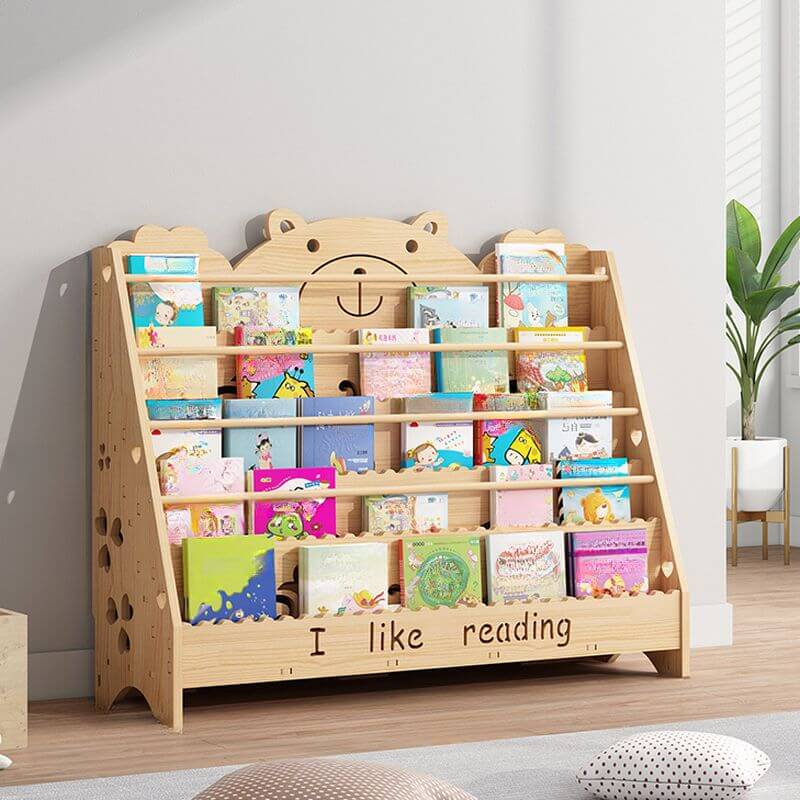 Natural Wood Children's Bookcase with Bear Head Cutout Design