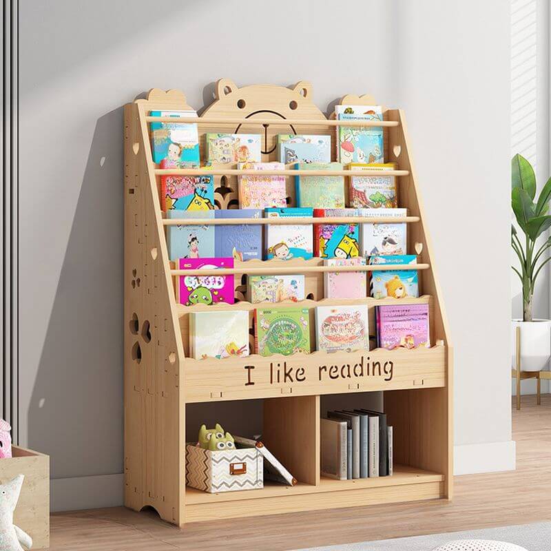 Natural Wood Children's Bookcase with Bear Head Cutout Design