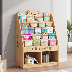 Natural Wood Children's Bookcase with Bear Head Cutout Design