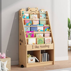 Natural Wood Children's Bookcase with Bear Head Cutout Design