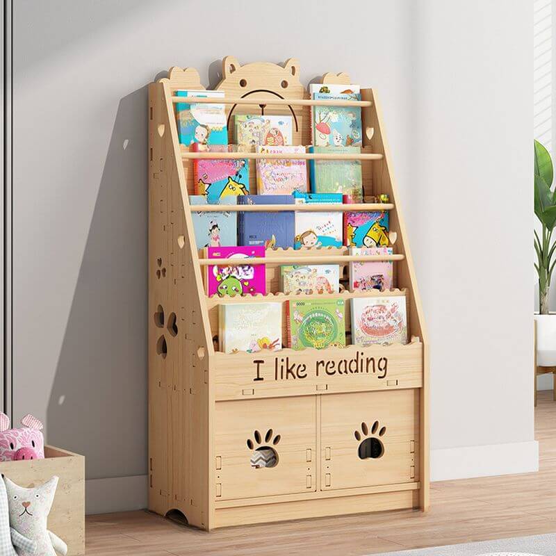 Natural Wood Children's Bookcase with Bear Head Cutout Design