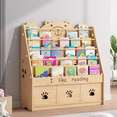 Natural Wood Children's Bookcase with Bear Head Cutout Design