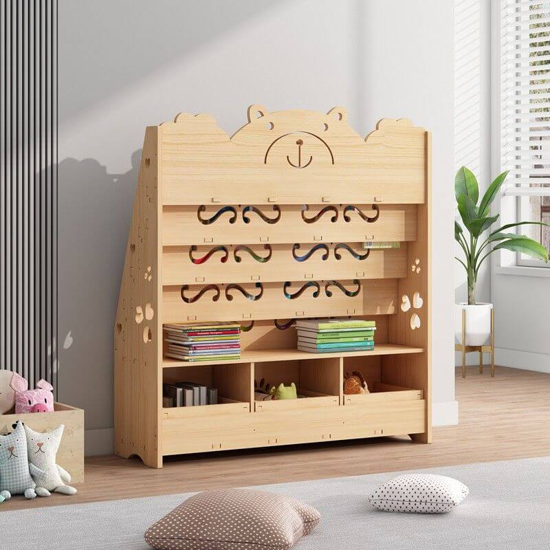 Natural Wood Children's Bookcase with Bear Head Cutout Design