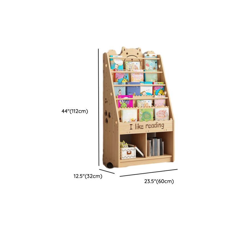 Natural Wood Children's Bookcase with Bear Head Cutout Design Dimensions