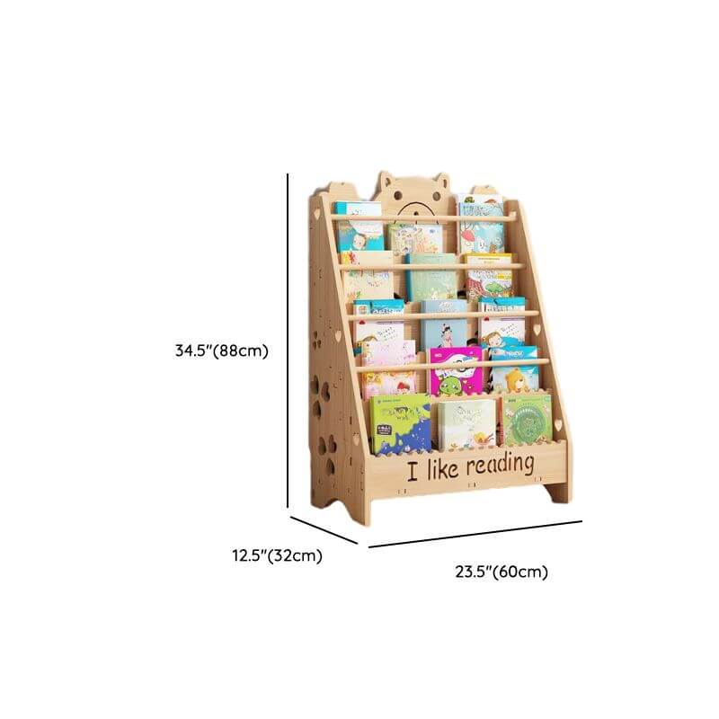 Natural Wood Children's Bookcase with Bear Head Cutout Design Dimensions