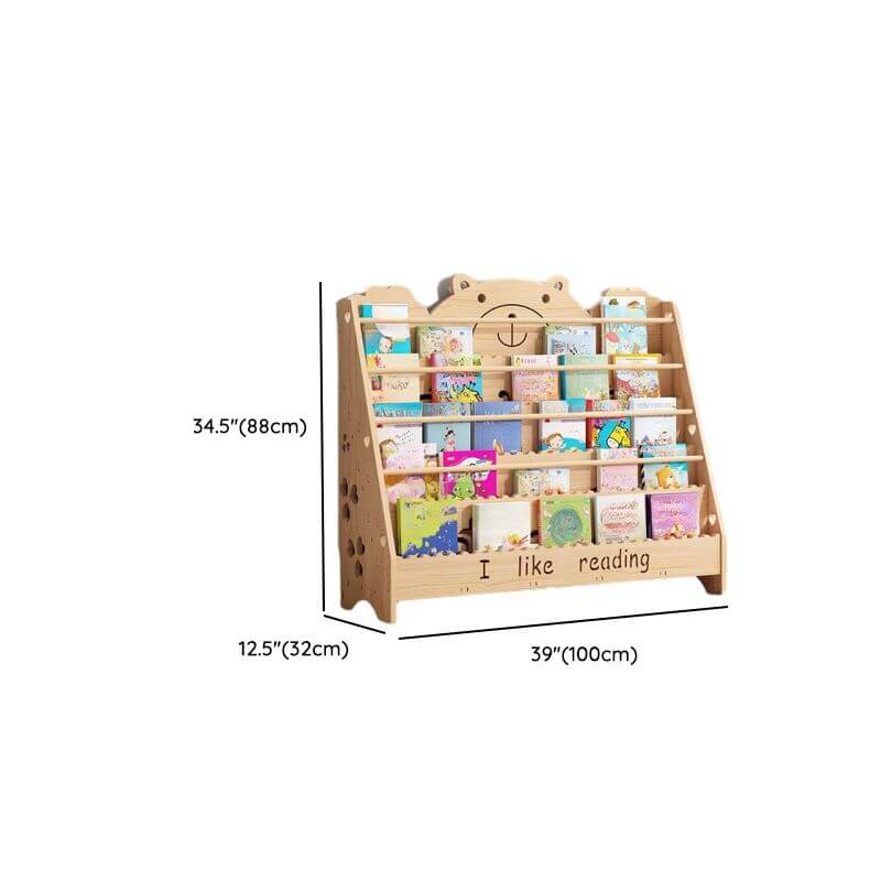 Natural Wood Children's Bookcase with Bear Head Cutout Design Dimensions