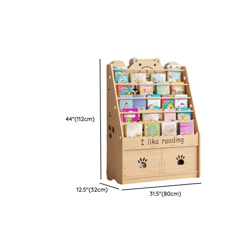 Natural Wood Children's Bookcase with Bear Head Cutout Design Dimensions