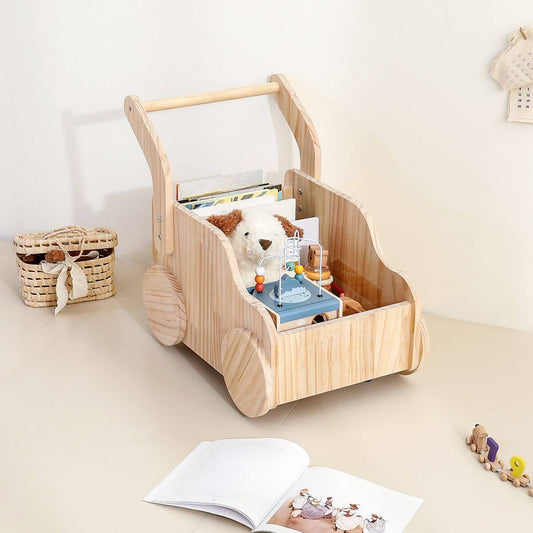 Natural Wood Kids Toy Organizer Cart with Handle and Wheels