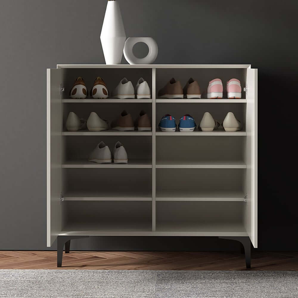 Off White Modern Metal Shoe Cabinet with 2 Doors and 10 Shelves