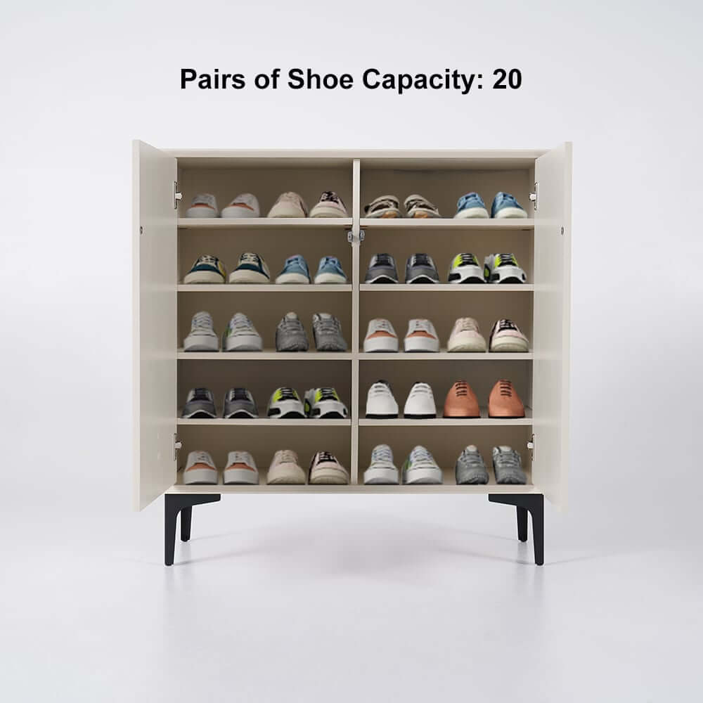 Off White Modern Metal Shoe Cabinet with 2 Doors and 10 Shelves