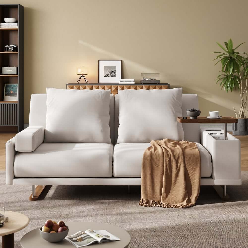 Off-White Velvet Mid-Century Modern Sofa Bed With Storage