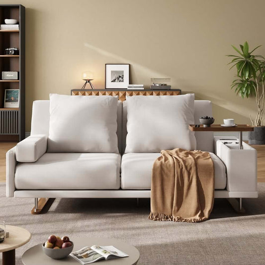 Off-White Velvet Mid-Century Modern Sofa Bed With Storage