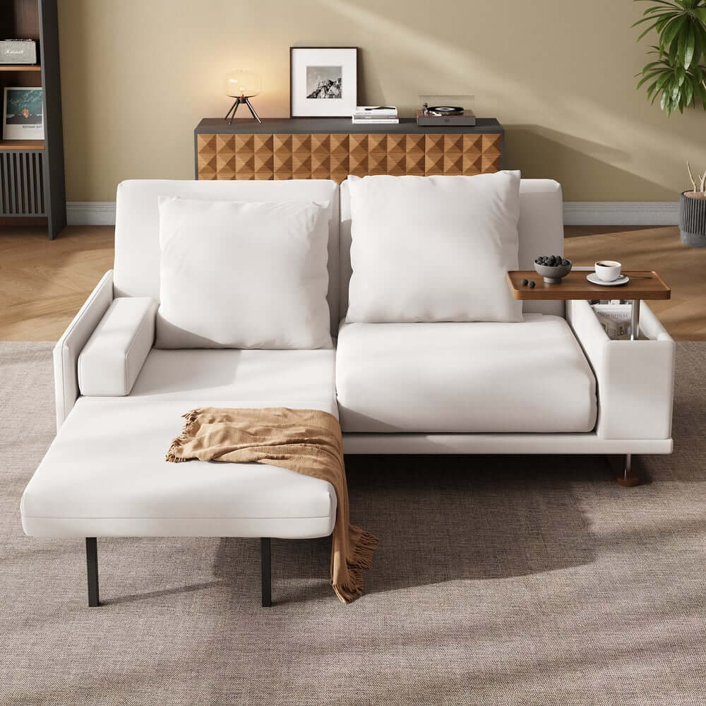 Off-White Velvet Mid-Century Modern Sofa Bed With Storage