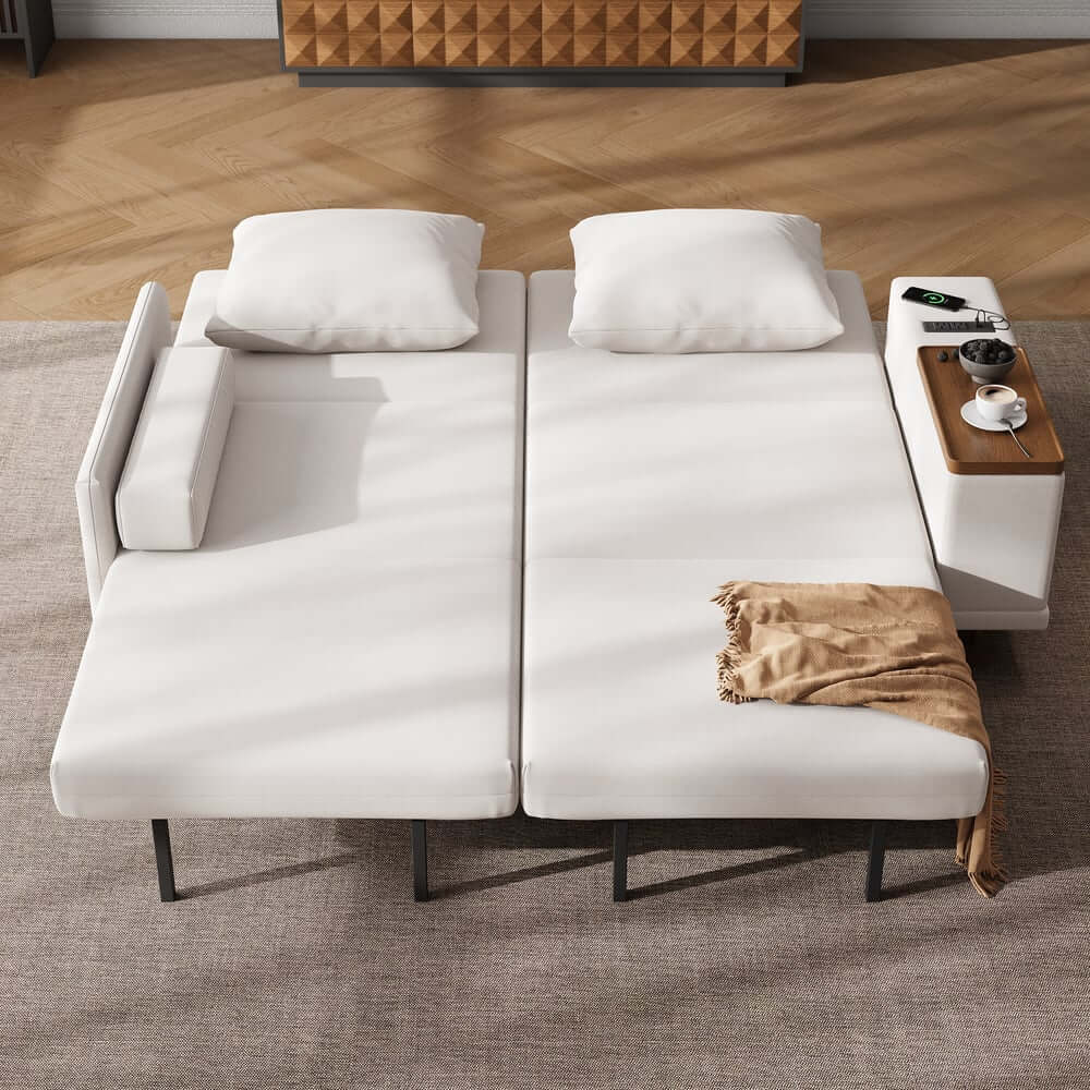 Off-White Velvet Mid-Century Modern Sofa Bed With Storage