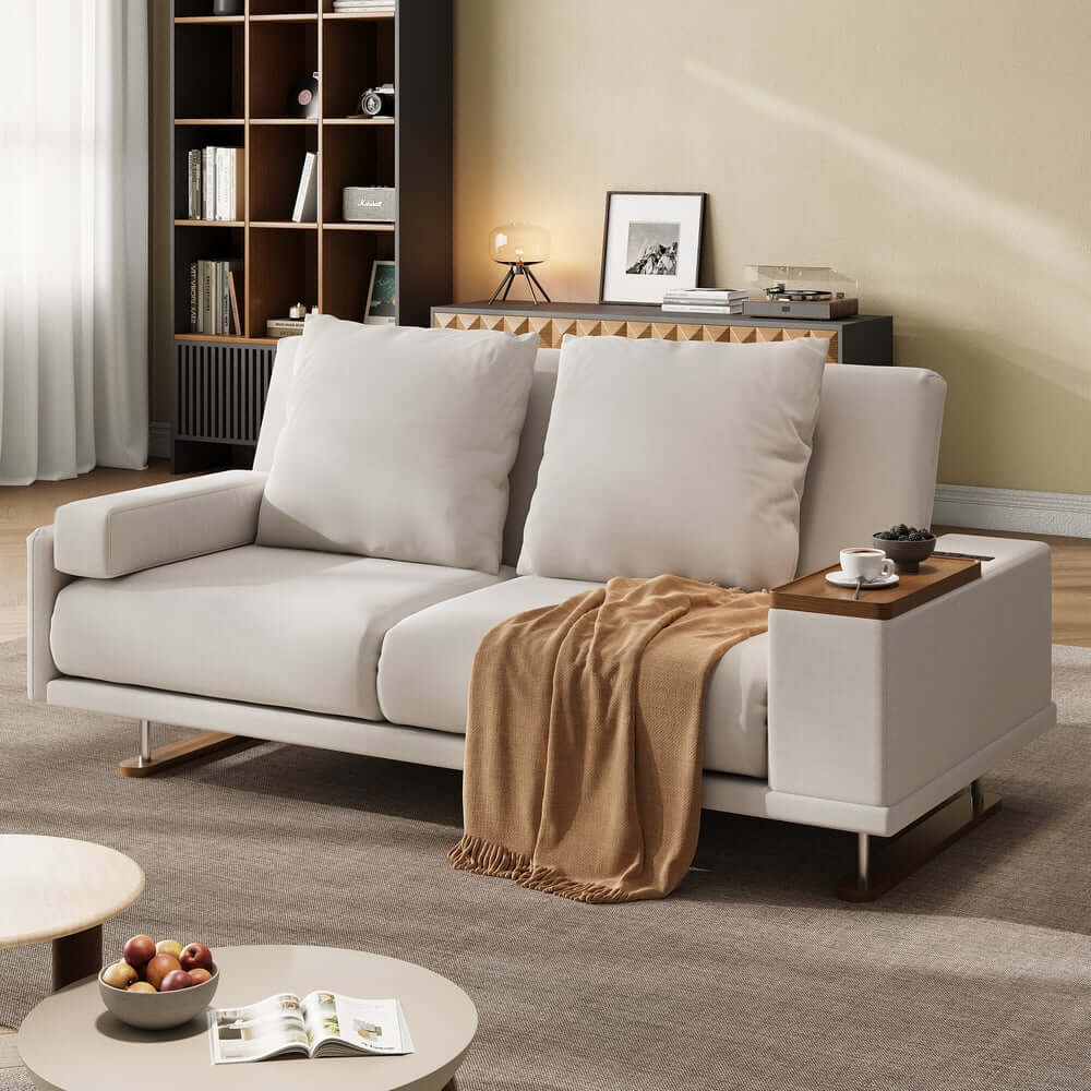 Off-White Velvet Mid-Century Modern Sofa Bed With Storage