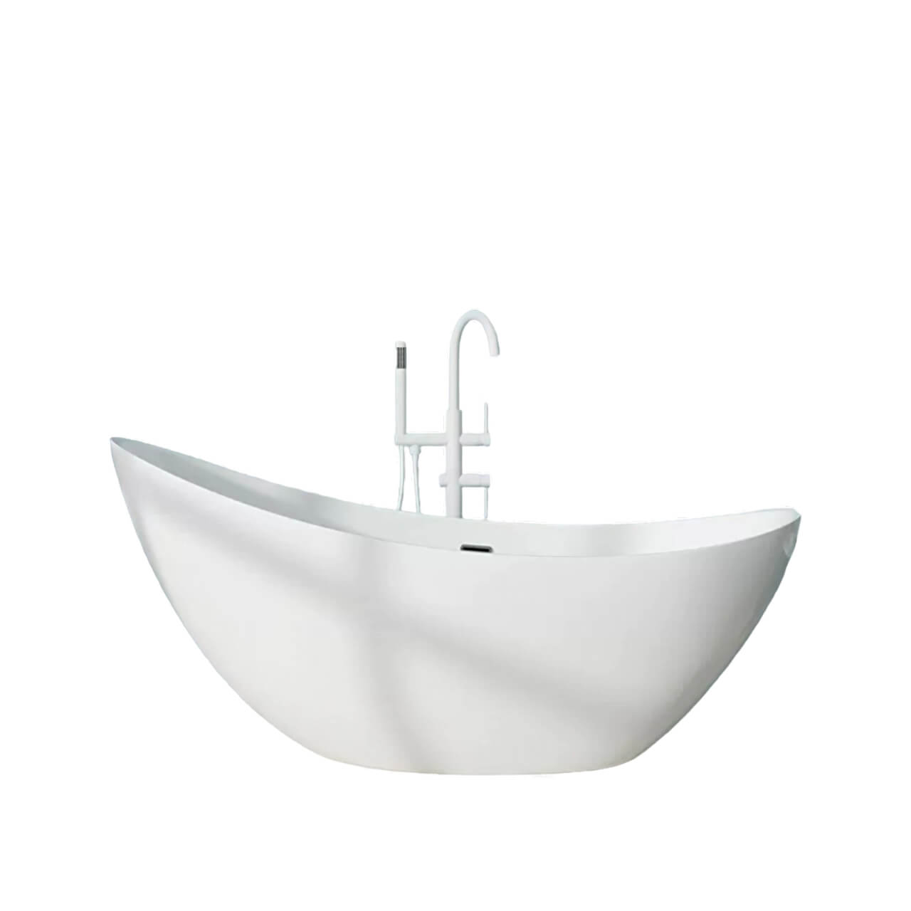 Stylish white acrylic soaker bathtub with a unique moon shape, perfect for contemporary bathrooms.