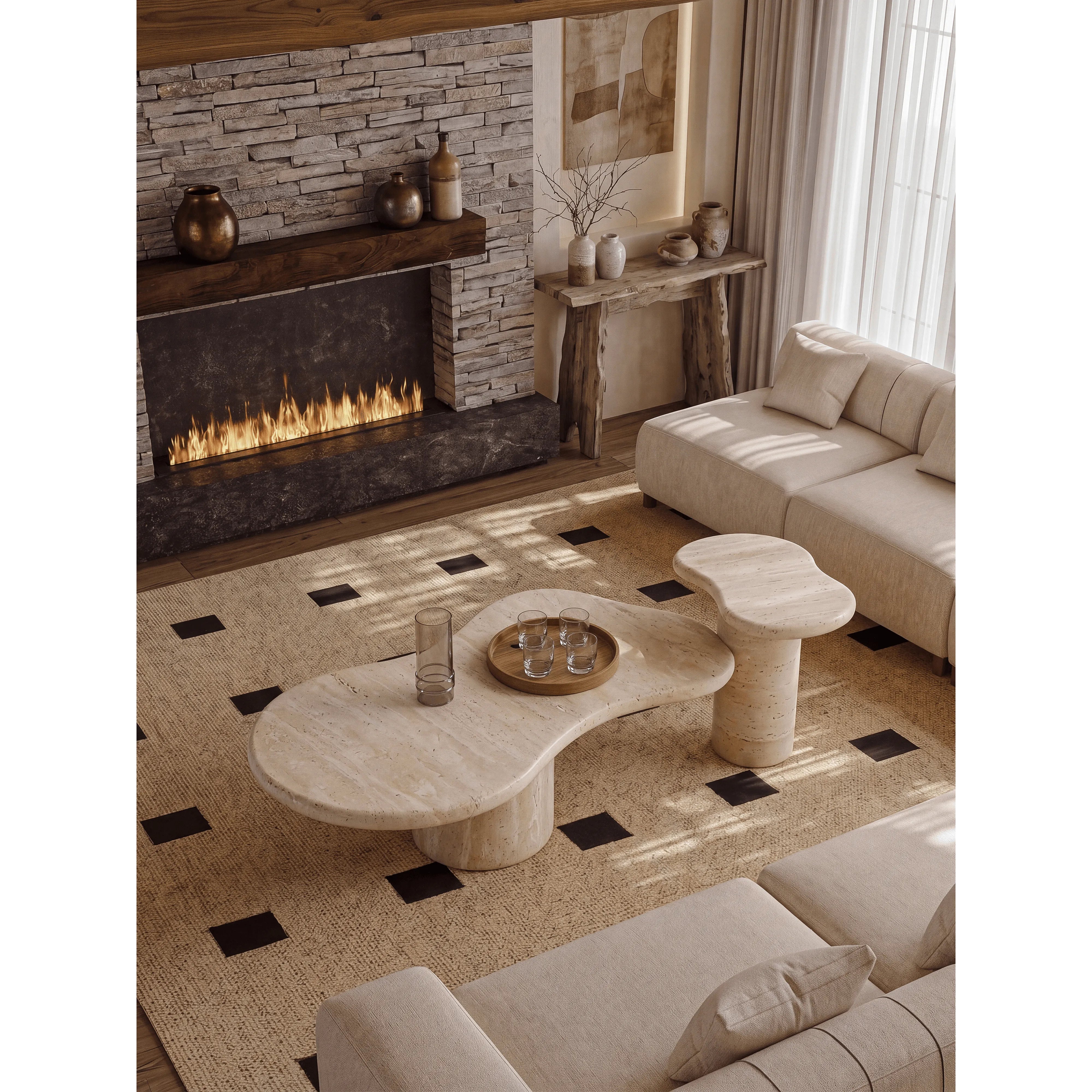Organic Travertine Coffee Table Set with Sculptural Curves and Tiered Function