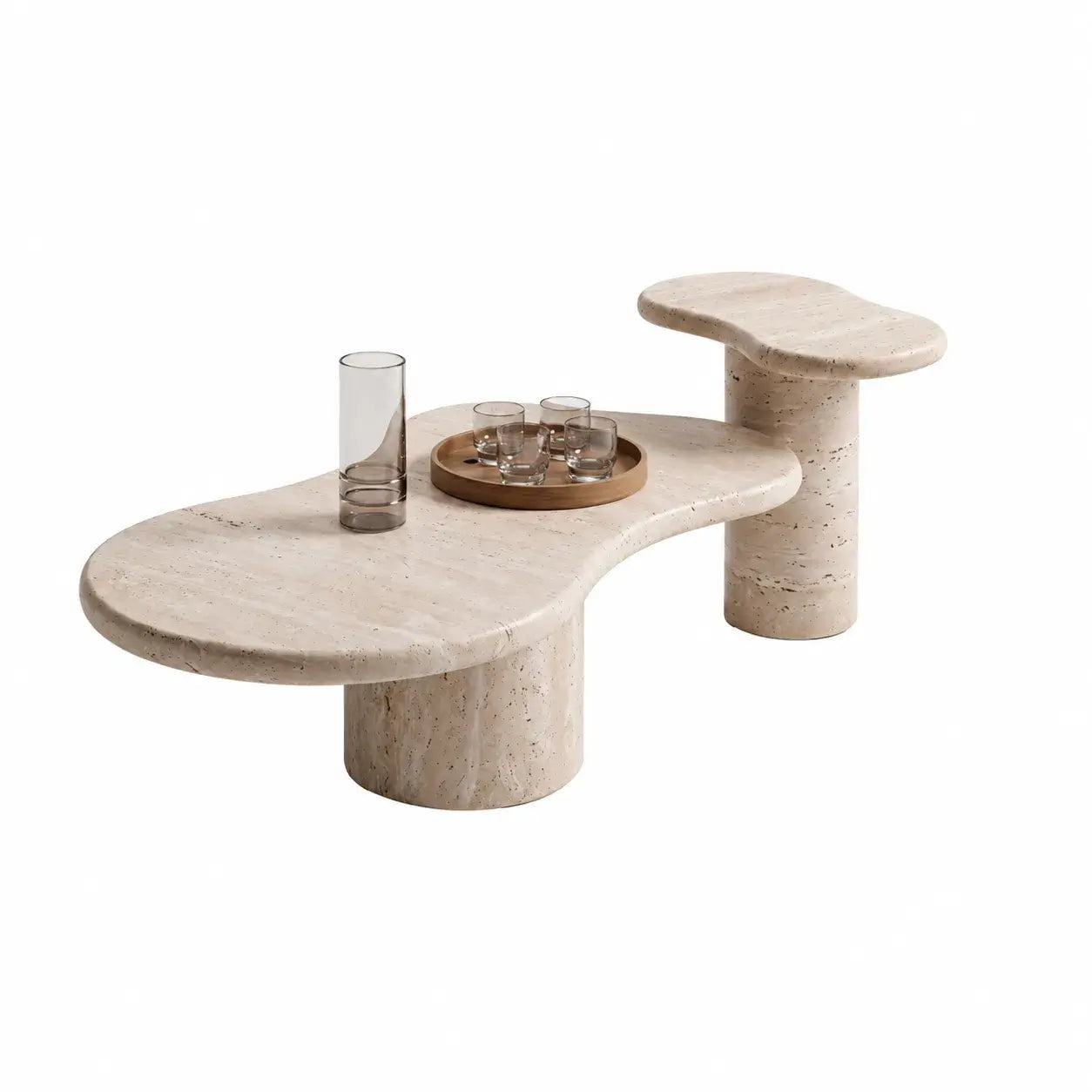 Organic Travertine Coffee Table Set with Sculptural Curves and Tiered Function