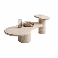 Organic Travertine Coffee Table Set with Sculptural Curves and Tiered Function