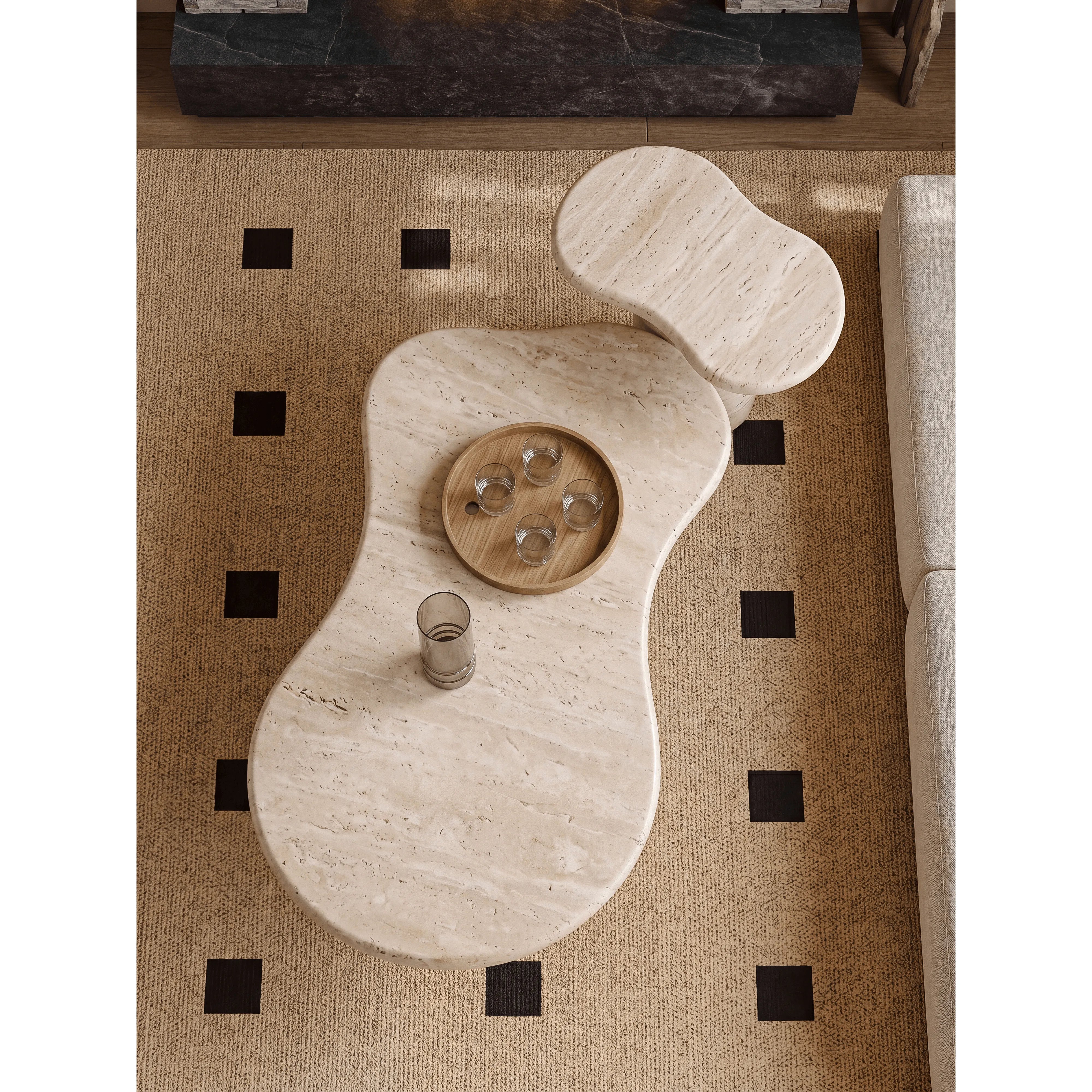 Organic Travertine Coffee Table Set with Sculptural Curves and Tiered Function