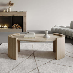 Oval Beige Travertine Coffee Table With Double Pedestal Base