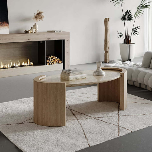 Oval Beige Travertine Coffee Table With Double Pedestal Base