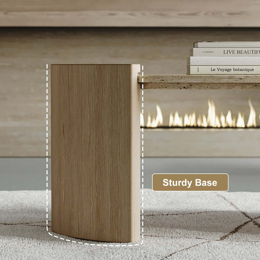 Oval Beige Travertine Coffee Table With Double Pedestal Base
