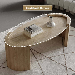 Oval Beige Travertine Coffee Table With Double Pedestal Base