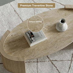 Oval Beige Travertine Coffee Table With Double Pedestal Base