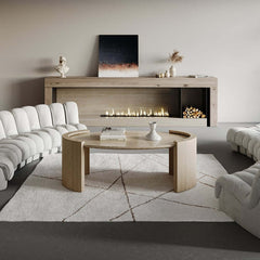 Oval Beige Travertine Coffee Table With Double Pedestal Base