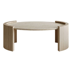 Oval Beige Travertine Coffee Table With Double Pedestal Base