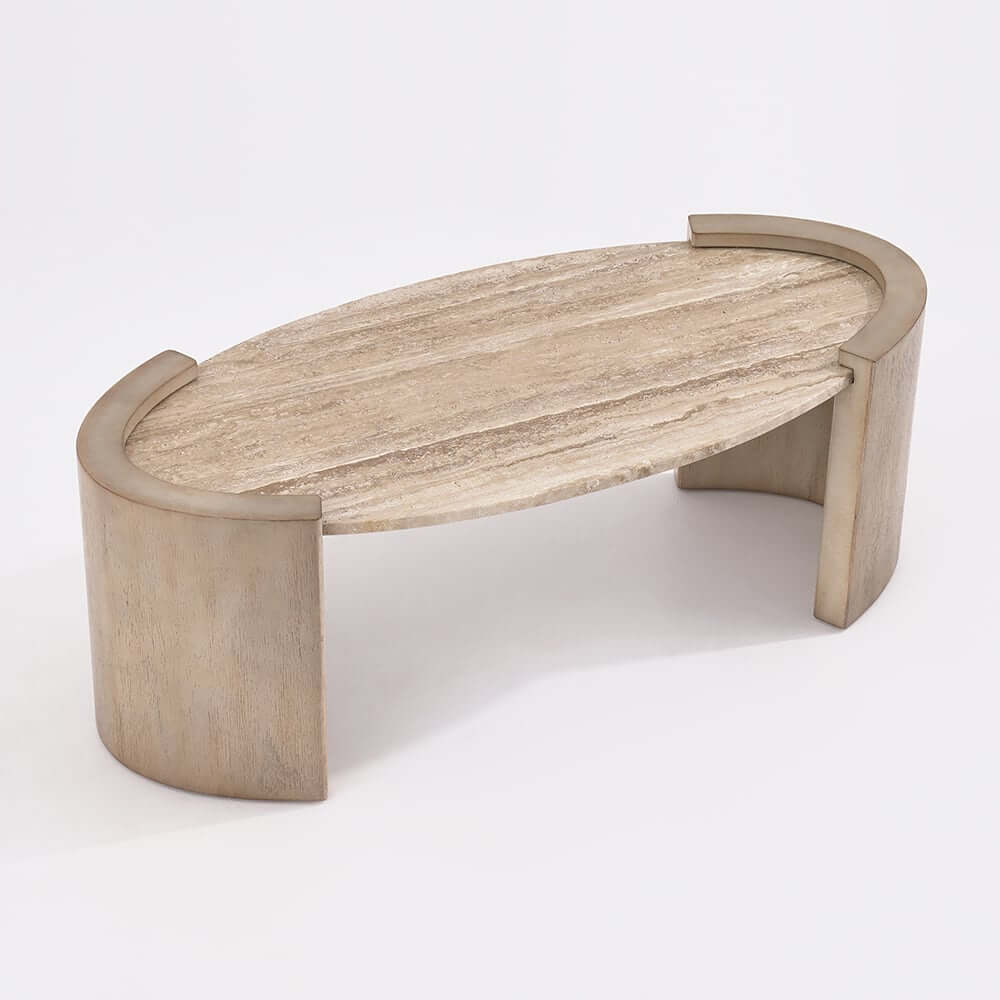 Oval Beige Travertine Coffee Table With Double Pedestal Base