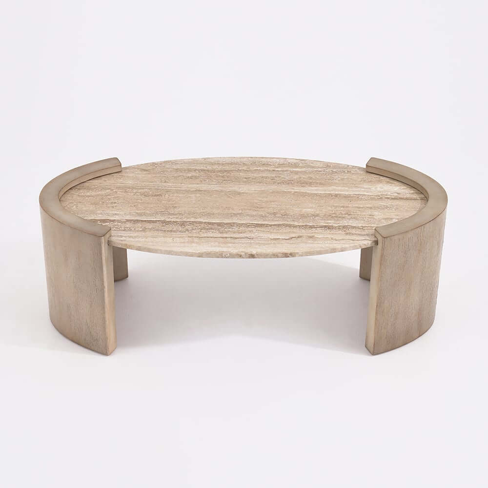 Oval Beige Travertine Coffee Table With Double Pedestal Base