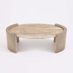 Oval Beige Travertine Coffee Table With Double Pedestal Base